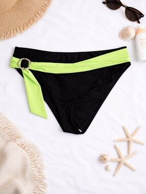 Elegant Black Bikini Bottom with Neon Green Sash and Ring Detail